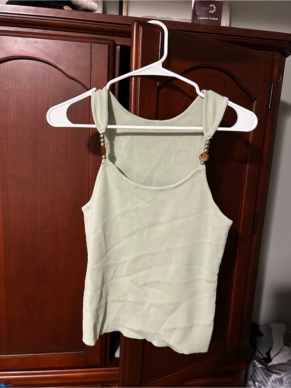 SHEIN Sage Green Beaded Strap Tank Top